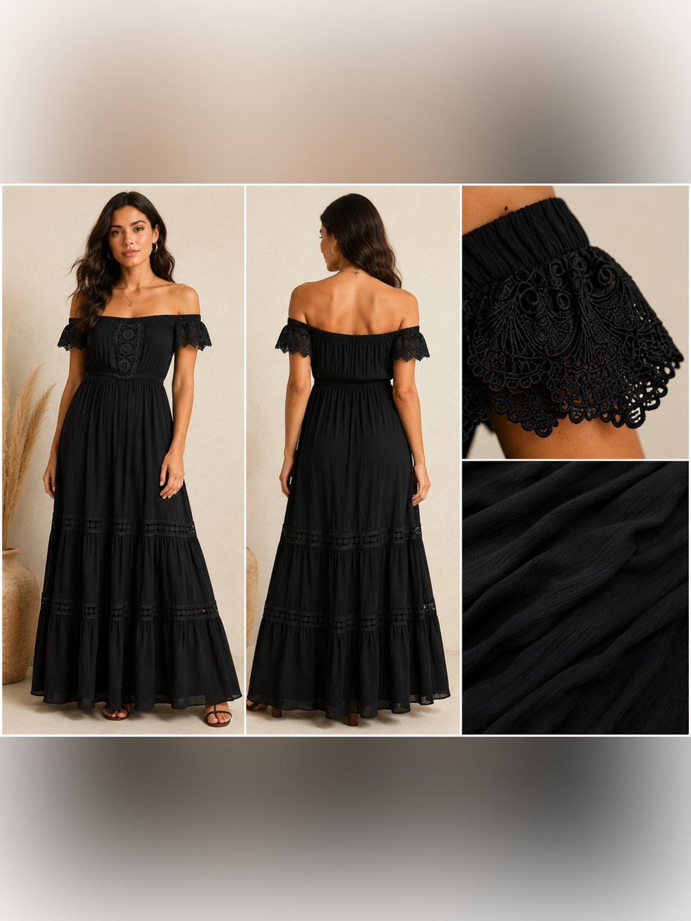 J for Justify Black off the  Shoulder Maxi Dress with Crochet Trim  Size M